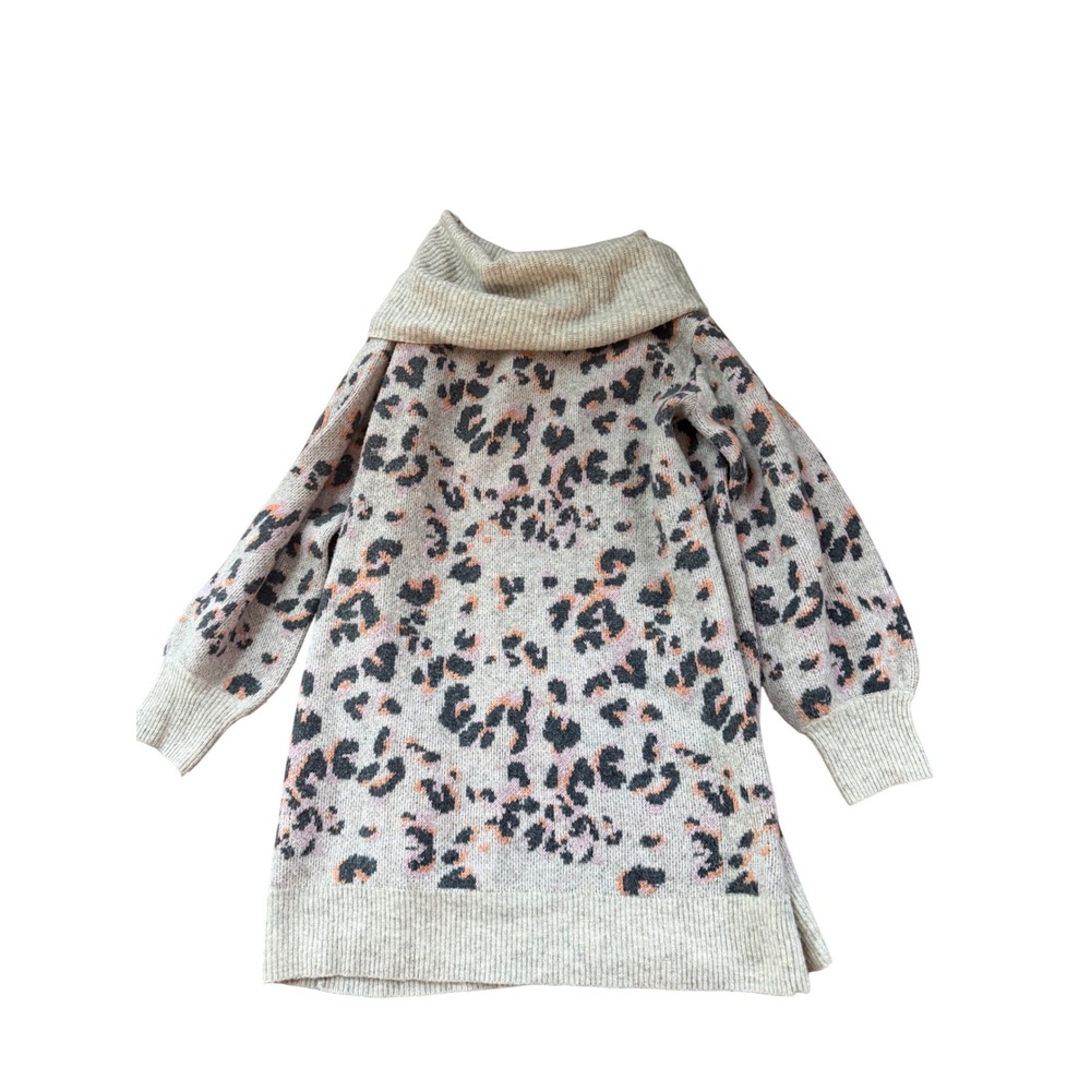 Anthropologie Leopard Print Cowl Neck Wool Blend Sweater Dress Beige Small